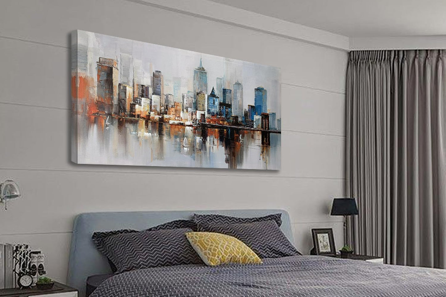 Arjun Brooklyn Bridge Wall Art Modern New York City Abstract Canvas Cityscape NY Painting Large Framed Colorful NYC Skyline Textured Picture for Living Room Bedroom Home Office Wall Decor, 48"x24"