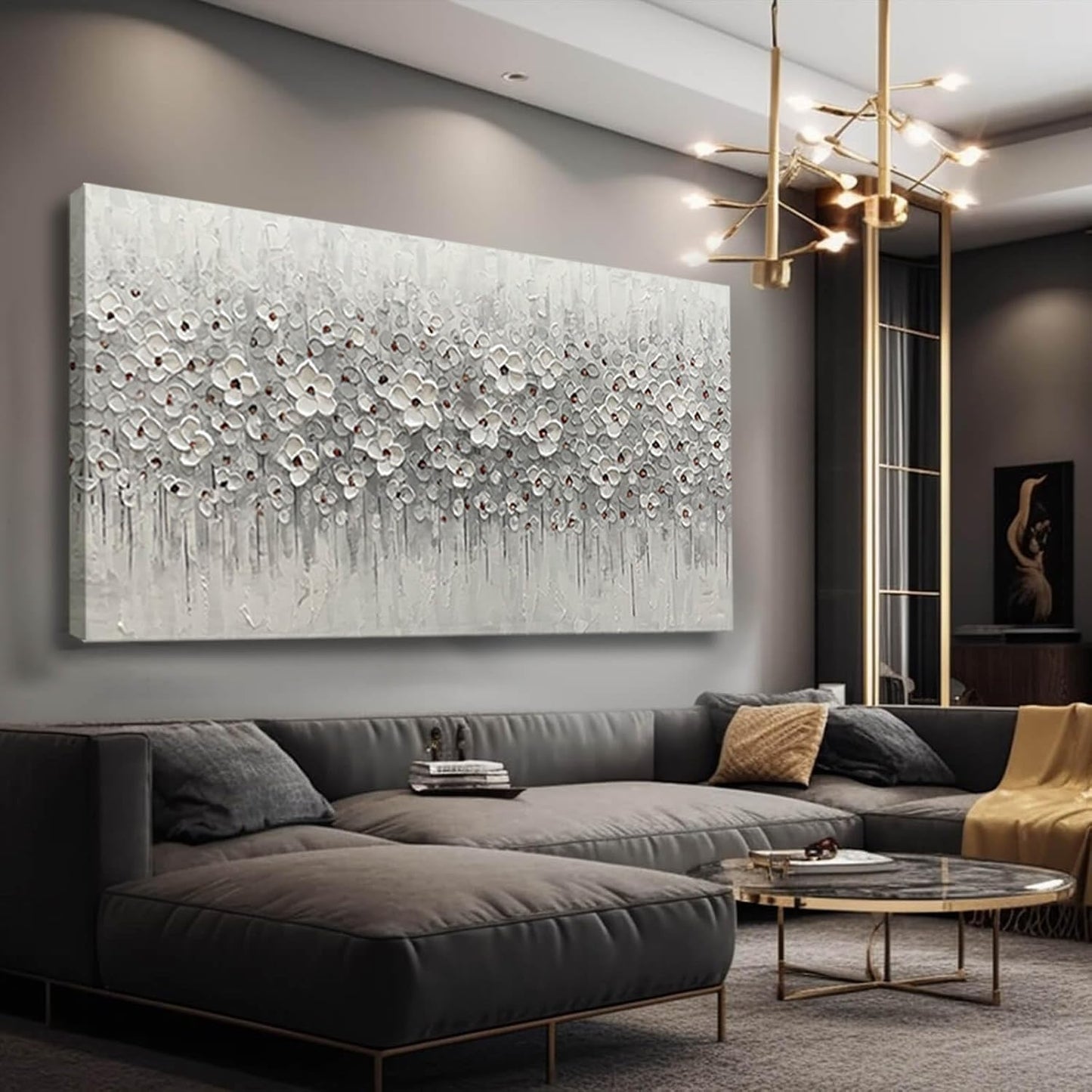 Large Canvas Wall Art for Living Room White Flowers Picture Hand-Painted Oil Painting Framed Artwork Modern Gallery Plant Decor Wall Decorations for Bedroom Bathroom Size 60x30 inch Ready to Hang