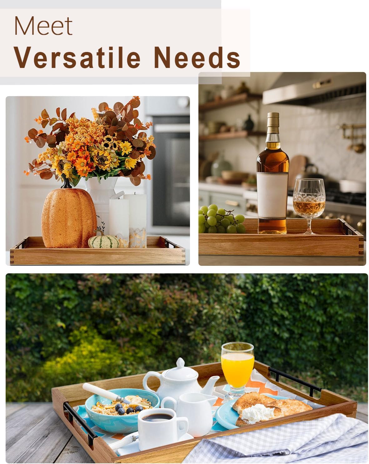 22 Inches Acacia Wood Serving Tray with Metal Handles, Large Wooden Rectangle Ottoman Tray, Decorative and Durable Design for Living Room Coffee Table Couch Kitchen