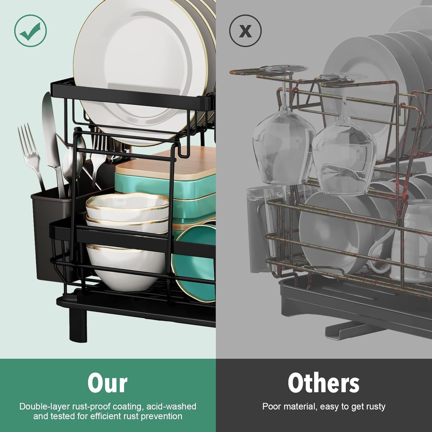 MOUKABAL Dish Drying Rack, 2 Tier Dish Rack, Large Dish Racks for Kitchen Counter, Dish Drainer with Removable Utensil Holder, Drainboard (Black)