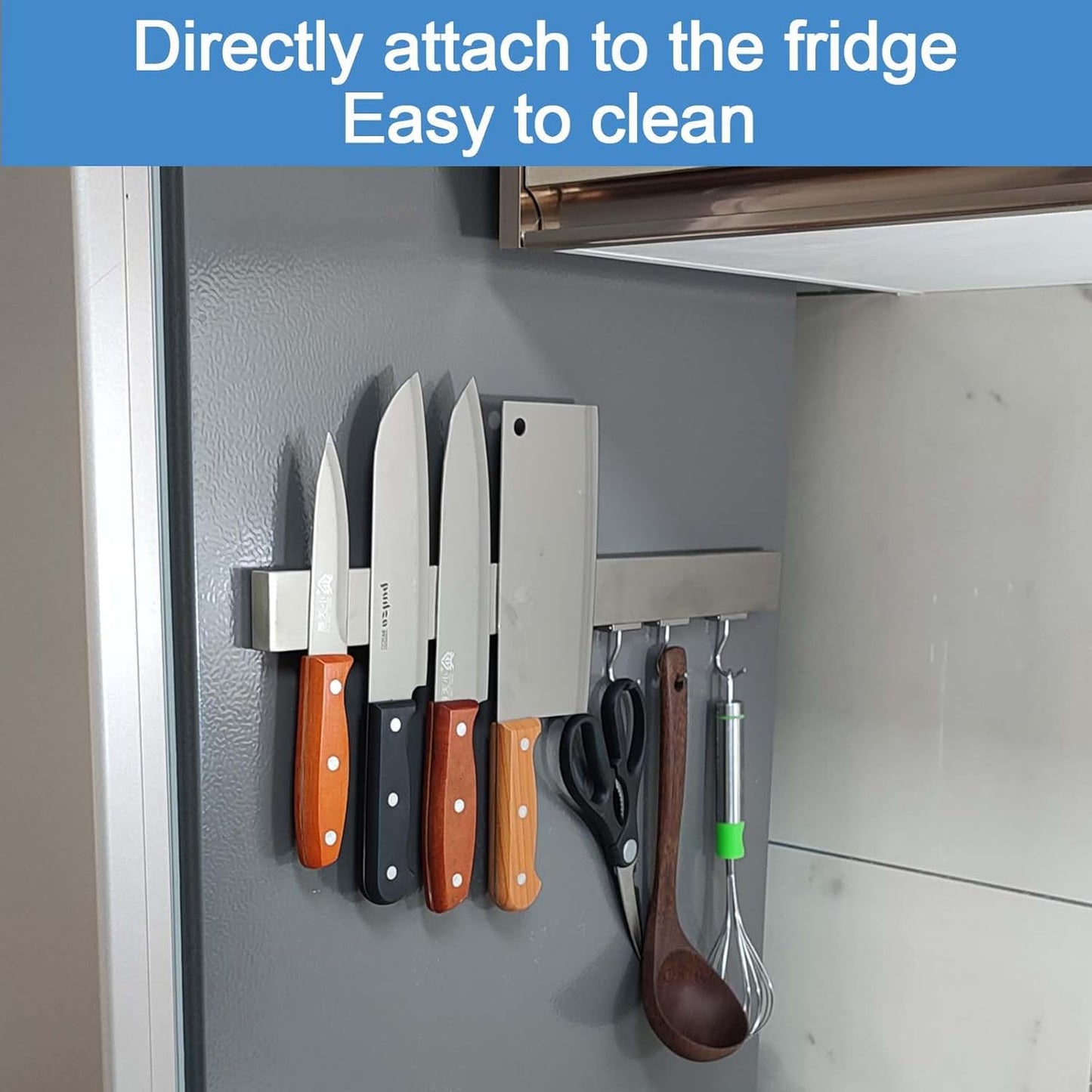 16 Inch Magnetic Knife Holder for Refrigerator - Knife Magnetic Strip for Fridge with Magnetic Hooks - Double Sided Magnetic Knife Bar - Stainless Steel Kitchen Magnetic Knife Hanger Rack