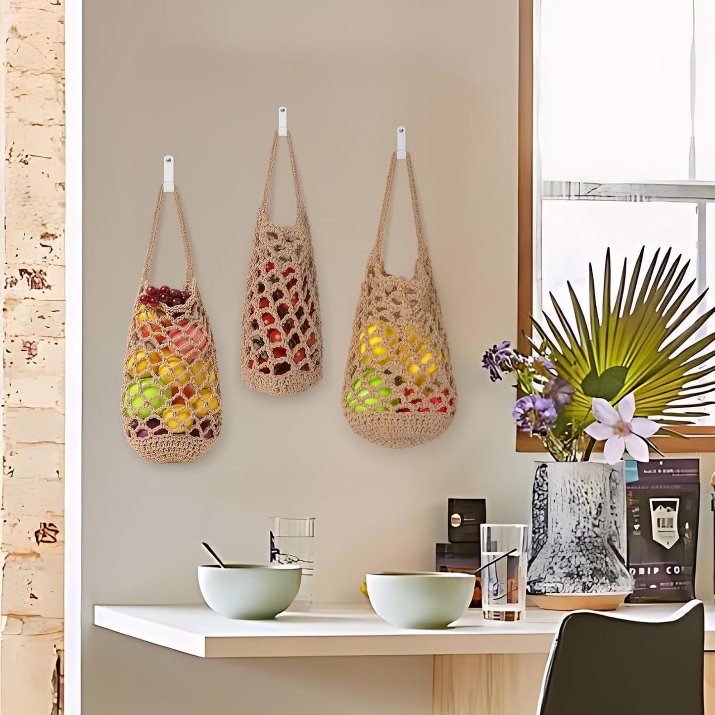 AARAINBOW Boho Wall Hanging Baskets for Kitchen Storage, Fruit Woven Wall Basket 9 Pcs, Hanging Vegetable and Onion Storage with 24 Hooks (Brown)