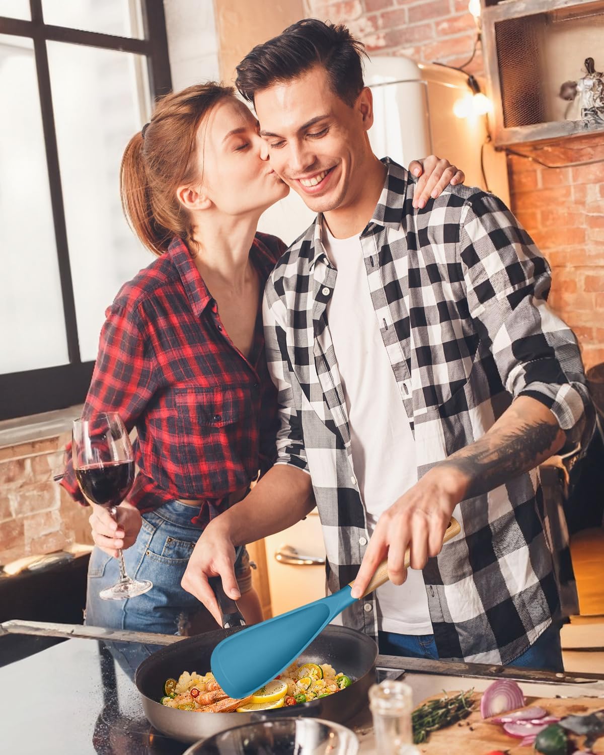 Cooking Spoon for Nonstick Cookwares, Great for Cooking and Serving Sturdy BPA-Free Matte Silicone, Wood Handle Spoon for Mixing, Scoop, and Scrape (Khaki & Turquoise, 13.4 inch)