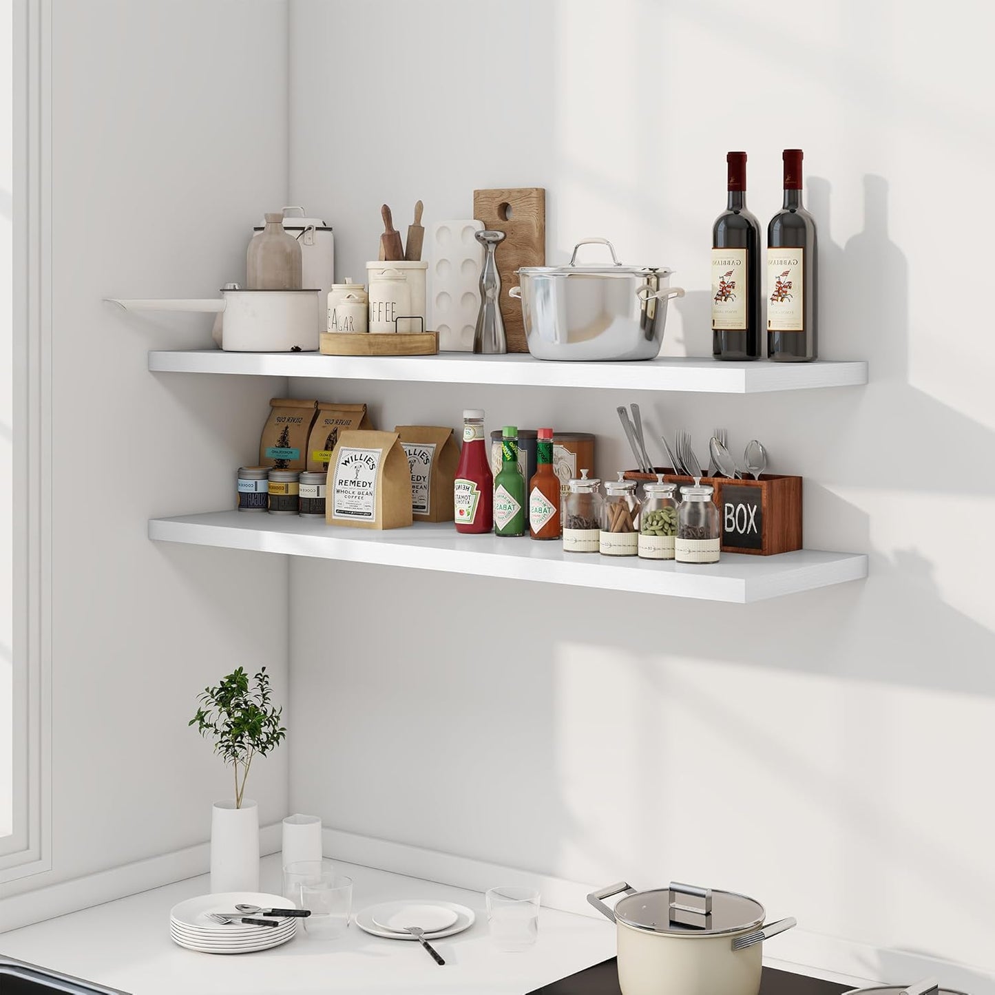 48" Floating Shelves for Wall, 12" Deep Slim White Floating Shelves, Wall-Mounted Shelves for Bedroom, Living Room, Kitchen, Bathroom - Set of 2