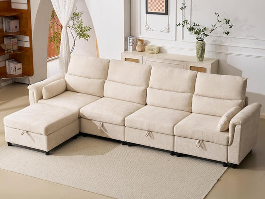 132'' Oversized Modular Sectional Sofa, L Shaped Comfy Cloud Sectional Couch with Storage, 5 Seat Extra Deep Seat Modular Sofas with Throw Pillows for Living Room, Beige