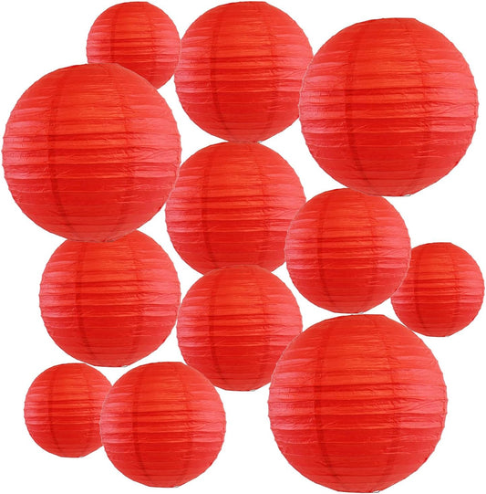 12Pcs Round Paper Lanterns Assorted Sizes (6" 8" 10" 12") for Home Decor, Restaurant, Church, Wedding, Birthday Party Decorations, Hanging Chinese Japanese Paper Lantern Lamps (Red)