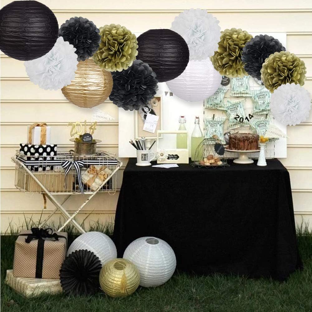 Black Gold Party Decorations, Black Gold Paper Lanterns and Pom Poms Flowers for Birthday Party Graduation Masquerade New Years Party Decor 15PCS