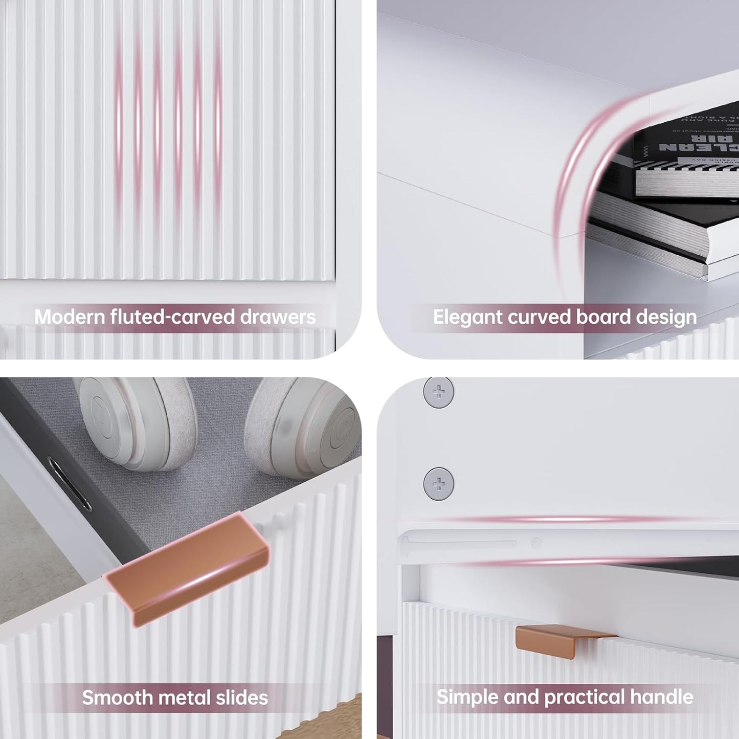 FURSUN 24" Fluted Nightstand with Charging Station, Wooden End Table with 2 Drawers Storage, Curved Profile Design, Modern Bedside Cabinet for Bedroom Living Room, White