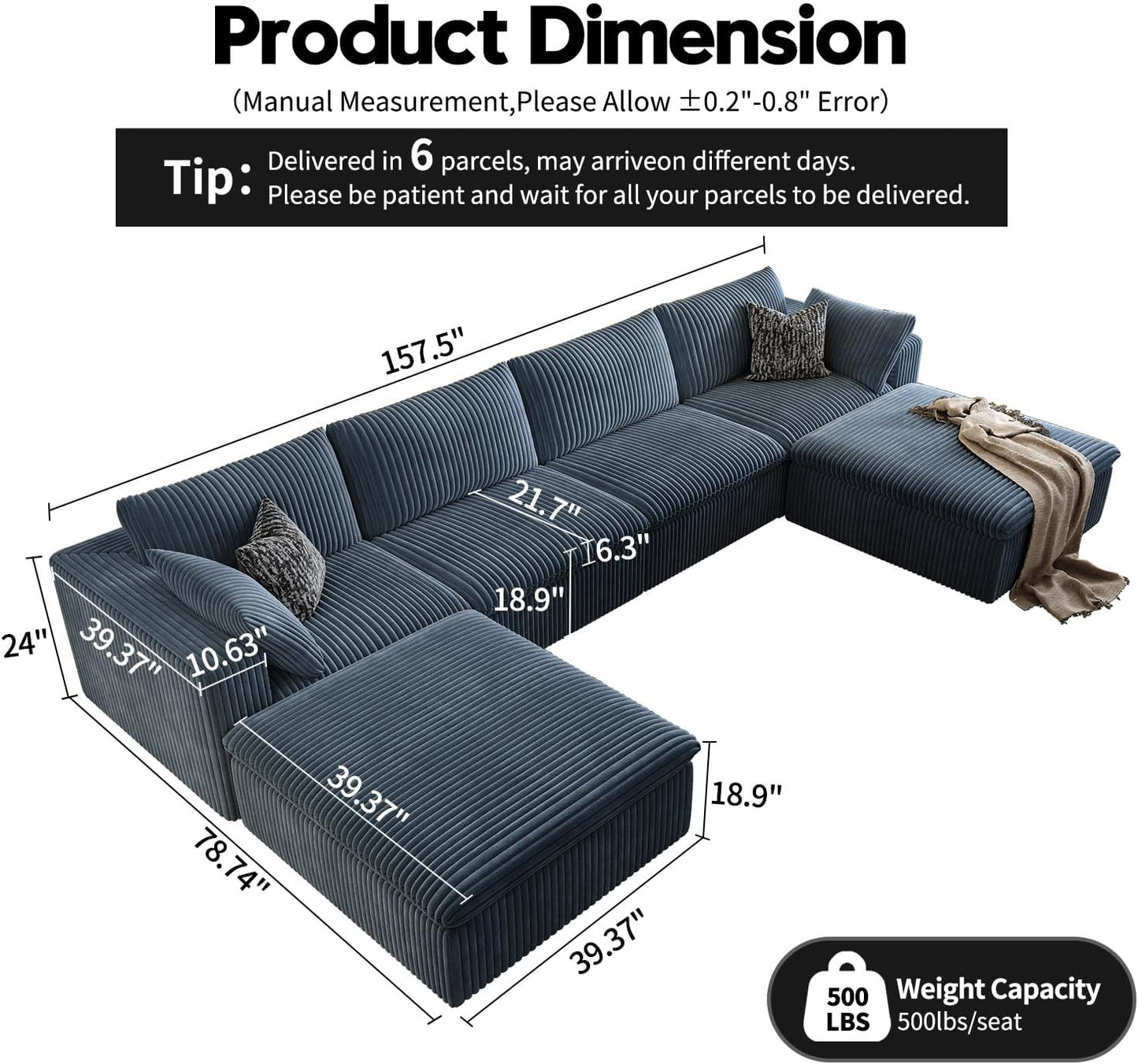 157.5" Cloud Couch Oversized Modular Sectional Sofa for Living Room,Modern Sofa with Deep Seat,U-Shape Boneless Couch with 2 Ottoman,Comfy Upholstered Couches for Apartment, Studio, Office,Blue