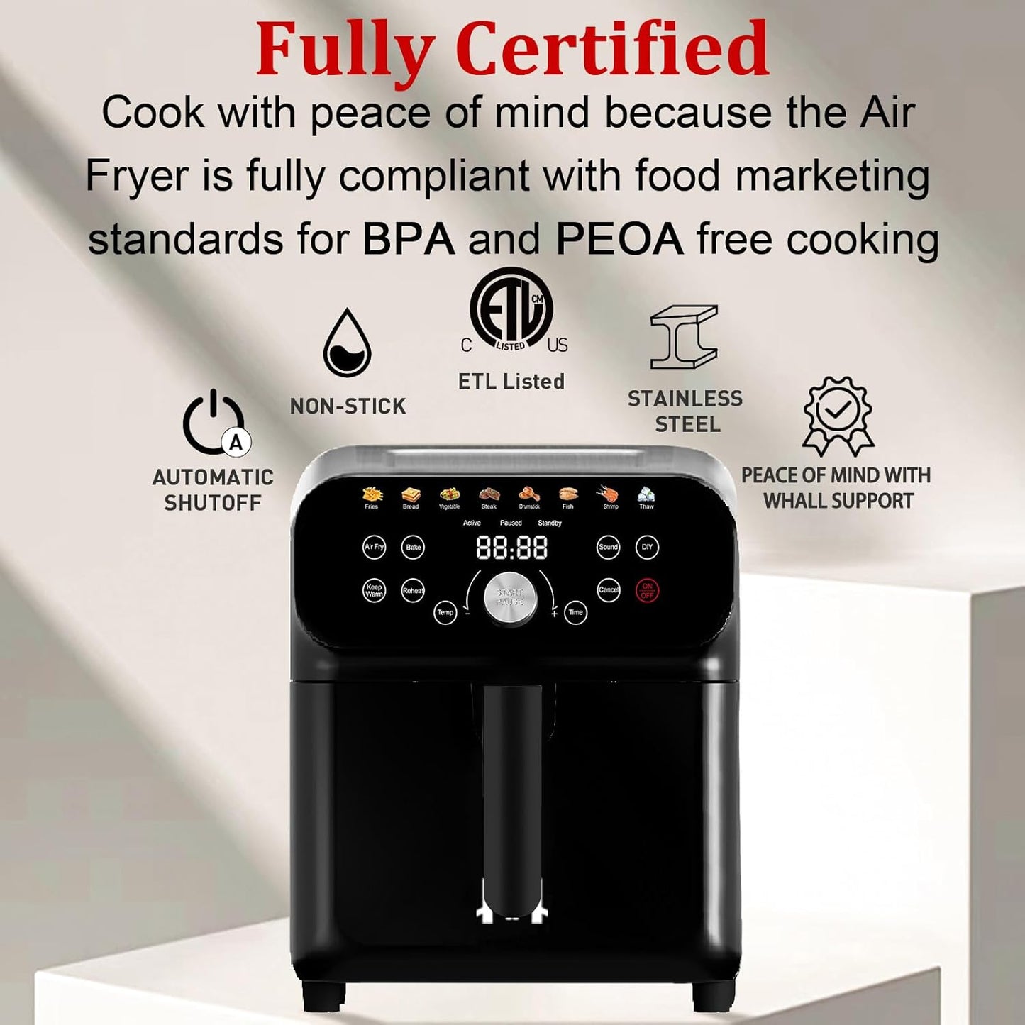 Air Fryer, 6QT Air Fryer Oven with LED Digital Touchscreen, 12 Preset Cooking Functions Air fryers,Roast, Warm-Up, Stay Warm, Stick-Free & Dishwasher-Friendly Basket, Stainless Steel/Black