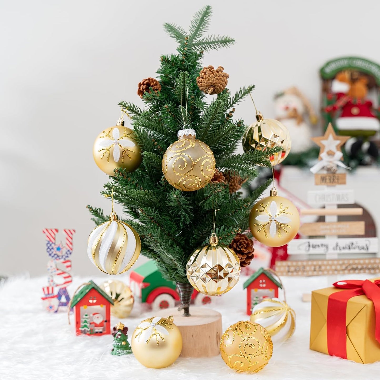 16Pcs Christmas Ball Ornaments Set, 3.15" Shatterproof Christmas Ornaments, Luxury Glitter Hanging Ornaments for Xmas Tree, Xmas Holiday, Party, Wedding (Gold)