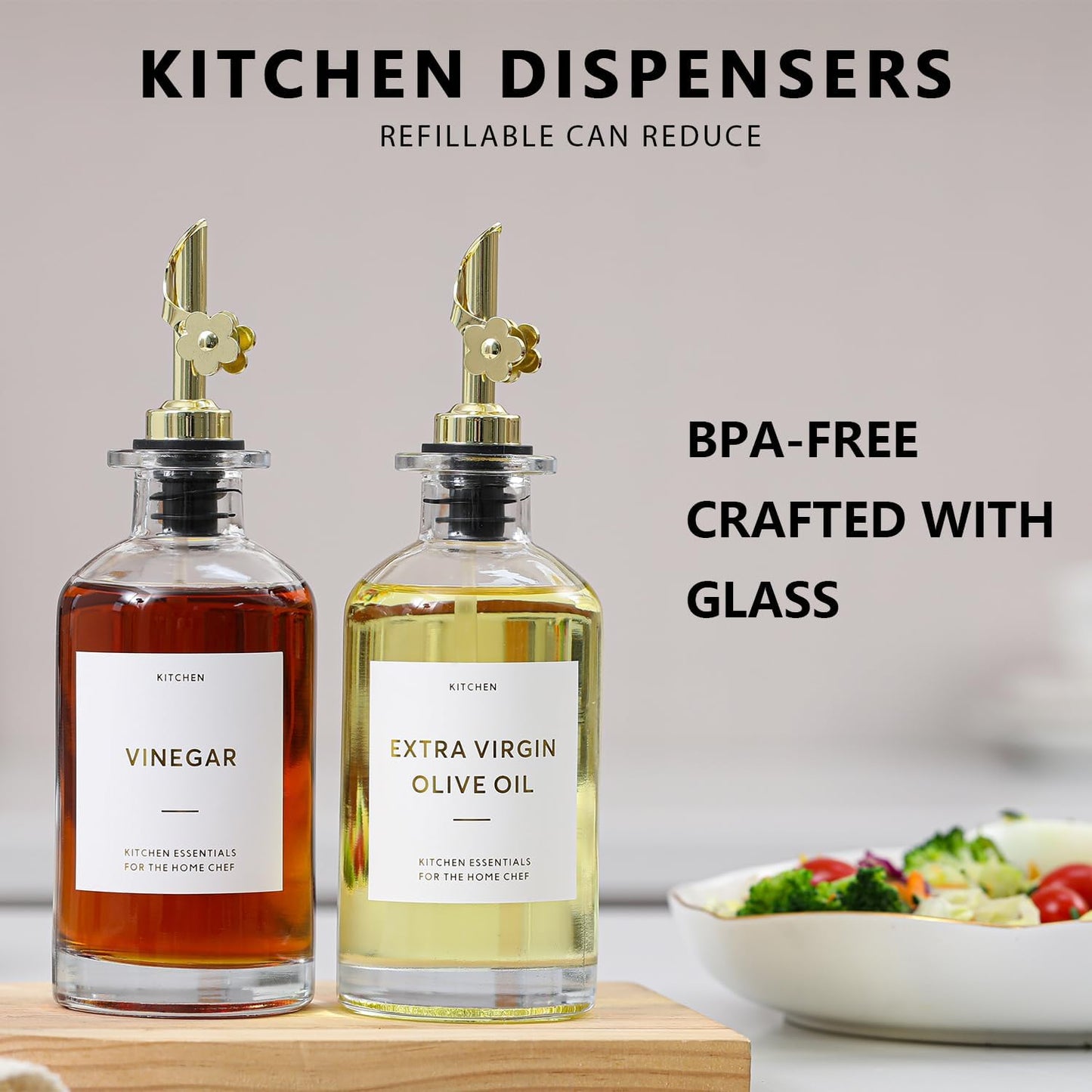 HOMCDALY Olive Oil Dispenser for Kitchen, 11.8oz Glass Dispenser Bottles with Pourer for Kitchen, Oil and Vinegar Dispensers Set, Leakproof Oil Bottle for Cooking| Set of 2 (11.8oz)