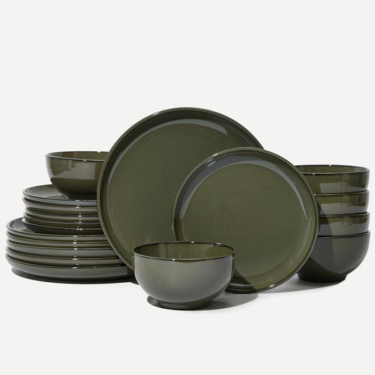 18 Piece Dinnerware Set for 6, Reactive Glaze Terracotta Plates and Bowls Set, Large Family-Sized Stoneware Dish Set for Gatherings, Chip and Scratch Resistant, Blackish Green