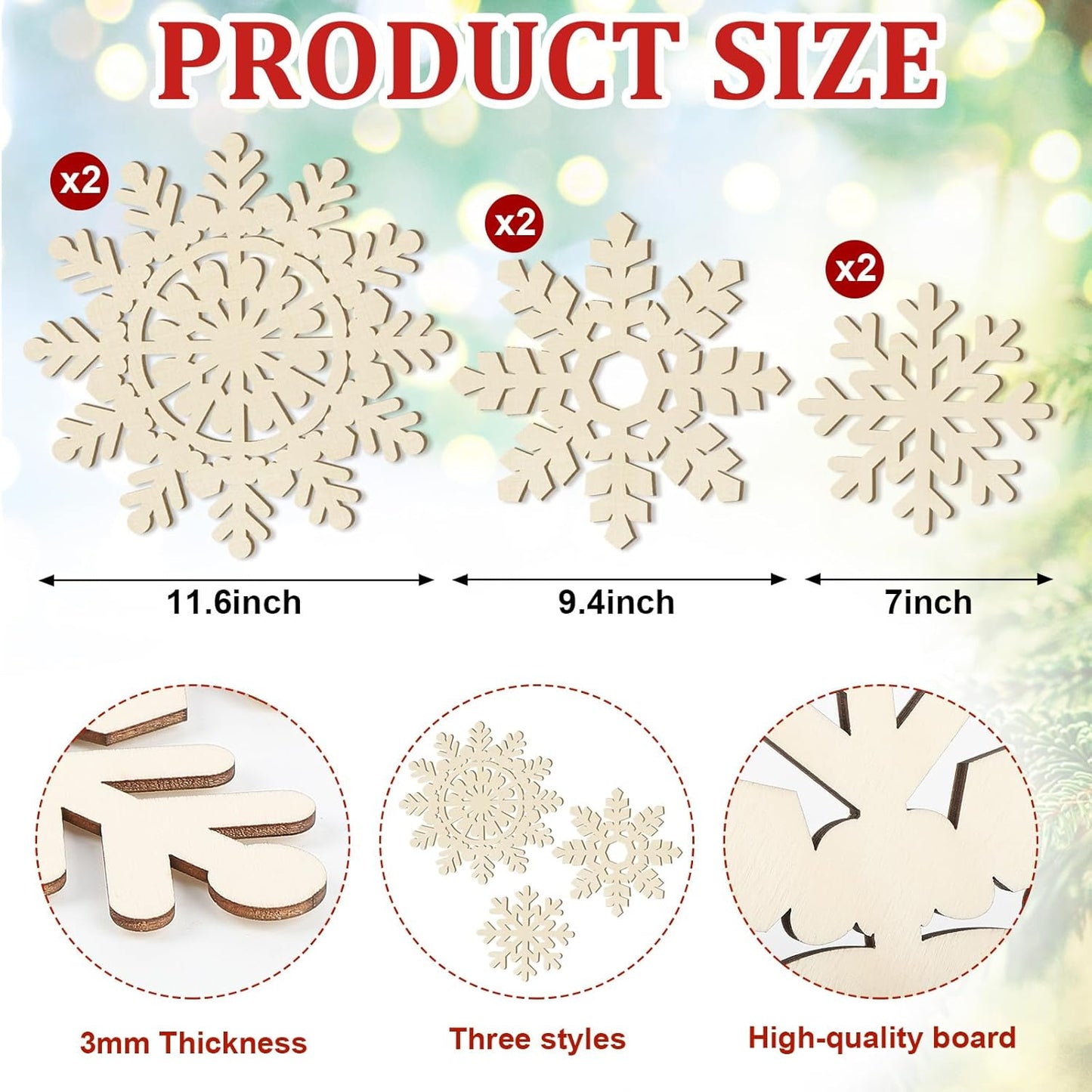 Hollow Wooden Snowflake Ornaments for Paint Christmas Decorations Cutouts Unfinished 6Pack, Wood Snowflakes for Crafts DIY Blank Cutouts Ornament Winter New Year Decorations (3 Styles 3 Size)