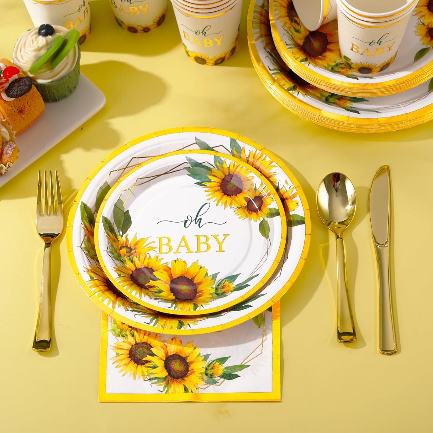 168Pcs Sunflower Baby Shower Decorations for Girl, Baby Shower Plates and Cups and Napkins Sets, Sunflower Plates Serve 24, Baby In Bloom Yellow Oh Baby Party, Easter Spring Summer Fall Party