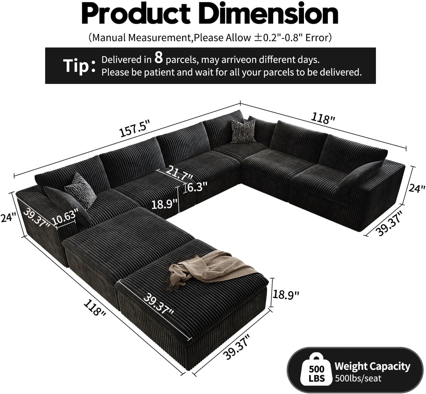 157.5" Cloud Couch Oversized Modular Sectional Sofa for Living Room,Modern Sofa with Deep Seat,8 Seater Boneless Couch with 2 Ottoman,Comfy Upholstered Couches for Apartment, Studio, Office,Black