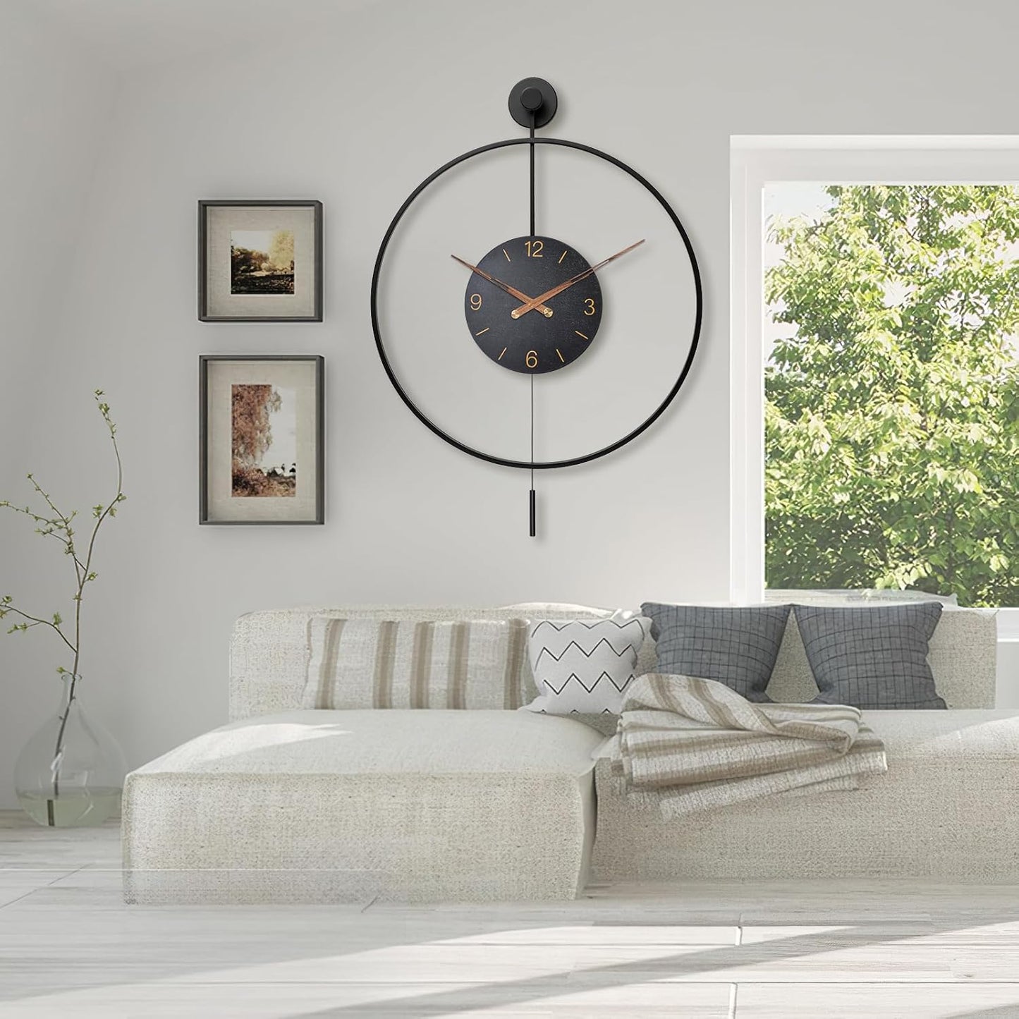 Large Modern Wall Clock,34.6×24 Inch Big Metal Minimalist Arabic Numeral Dial,Decorative Farmhouse Pendulum Wall Clocks with Walnut Pointers forLiving Room Decor, Office,Dining Room