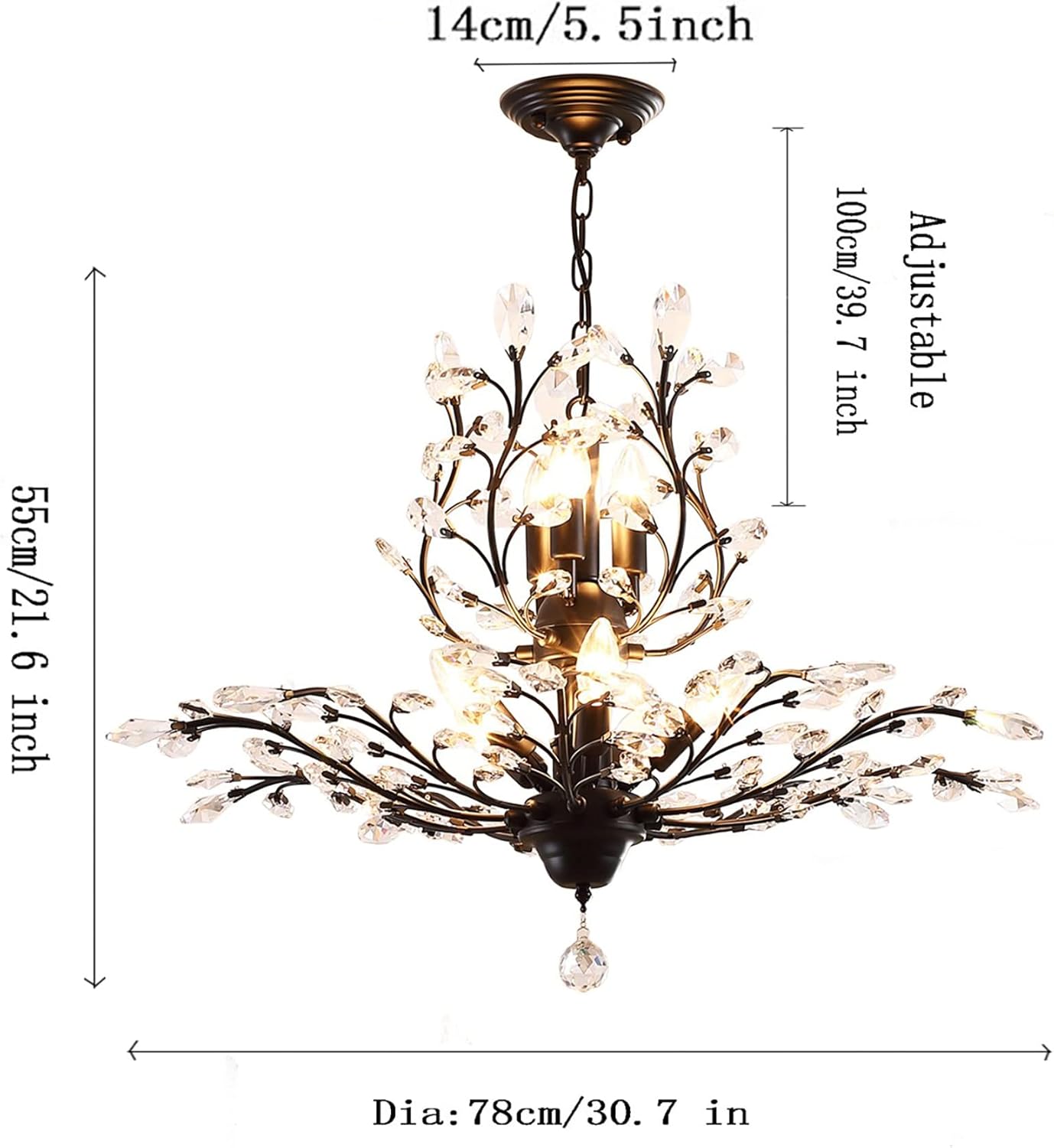 Ganeed Crystal Chandeliers,Vintage 8 Lights Pendant Light,K9 Clear Crystal Chandelier Lighting Fixtures,Ceiling Light for Living Room Bedroom Restaurant Porch Hallway (Black)