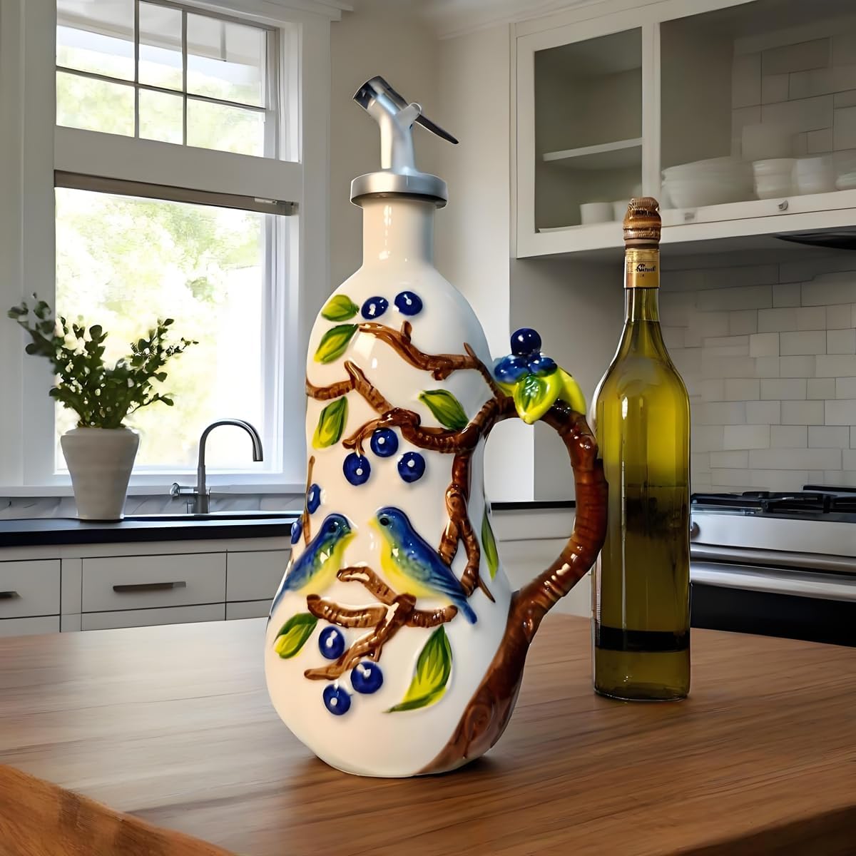 18 Oz Hand Painted Relief Ceramic Olive Oil Bottle Dispenser for Kitchen, Oil and Vinegar Bottle, Seasoning Bottle with Stainless Steel Nozzle, 540mL Oil Container with Handle for Cooking, Light Proof