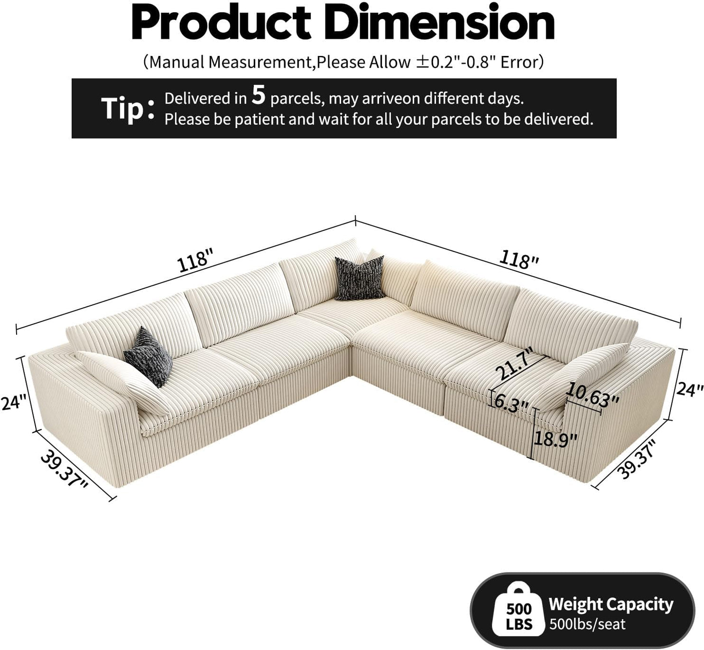 118" Cloud Couch Oversized Modular Sectional Sofa for Living Room,Modern Sofa with Deep Seat,V Shaped Boneless Couch,Comfy Upholstered Corduroy Couches for Apartment, Studio, Office,Bedroom,White