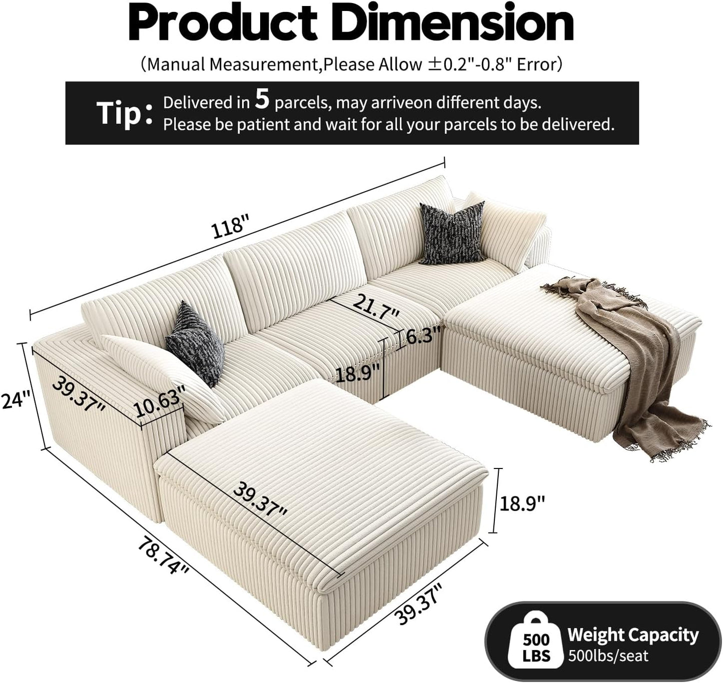 118" Cloud Couch Modular Sectional Sofa for Living Room,Modern Sofa with Deep Seat,U-Shape Boneless Couch with 2 Ottoman,Comfy Upholstered Corduroy Couches for Apartment, Studio, Office,Bedroom,White