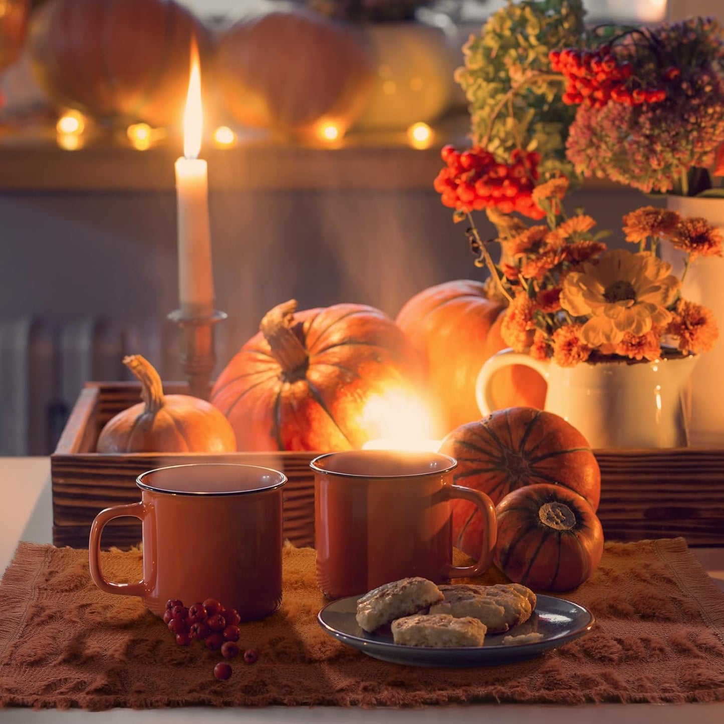 Nuanchu 4 PCS Rust Pumpkin Fall Placemats 13 x 19 Inch Autumn Harvest Soft Plush Faux Fur Wool Table Mats Thanksgiving Placemats for Party Kitchen Dining Decoration