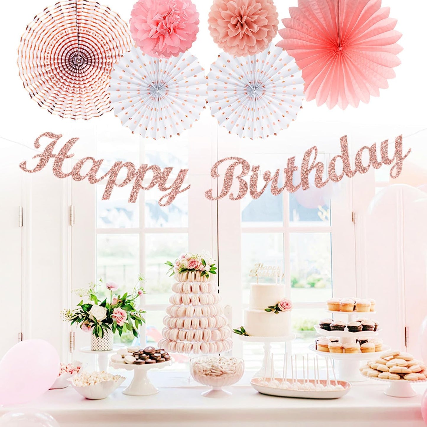 Pink White Rose-Gold Birthday Party-Decorations - 21pcs Happy Banner, Paper Lanterns,Tissue Pom Poms Flower Fan,Honeycomb Ball,Swirl Streamers Garland Supplies Decor Girls Women Huglony