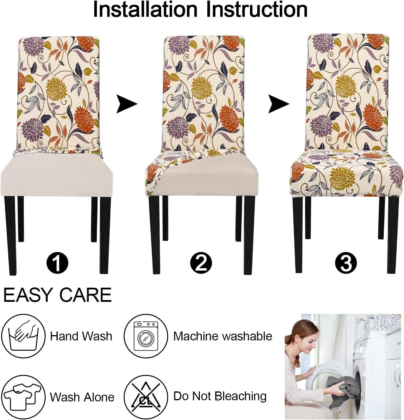 JQinHome Pattern Chair Covers for Dining Room Set of 6, High Stretch Removable Washable Parsons Chair Slipcover for Home Party Hotel Wedding Ceremony (Flower,6PCS)