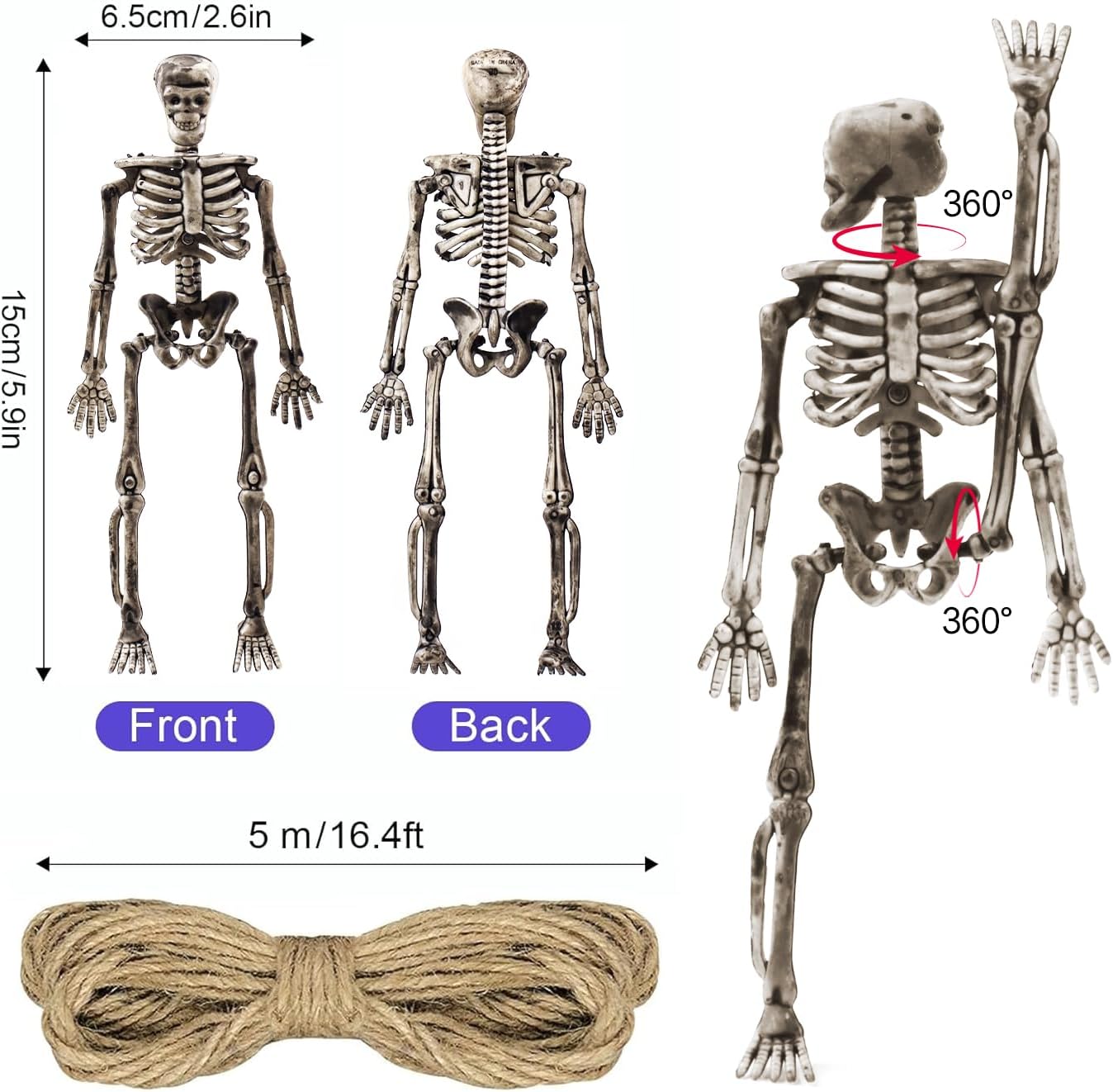 16 Pcs mini skeleton halloween decoration With hemp rope,6”small plastic posable halloween tiny skeleton figurines decor for Halloween Indoor Outdoor Graveyard Decor Haunted House Party Favors