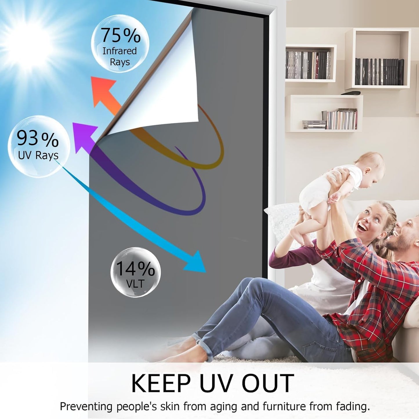 HIDBEA One Way Window Film, Daytime Privacy Sun Blocking Reflective Window Film No Glue Static Cling Heat Control Window Tinting Film for Home and Office, Black Silver, 17.5 x 78.7 Inch