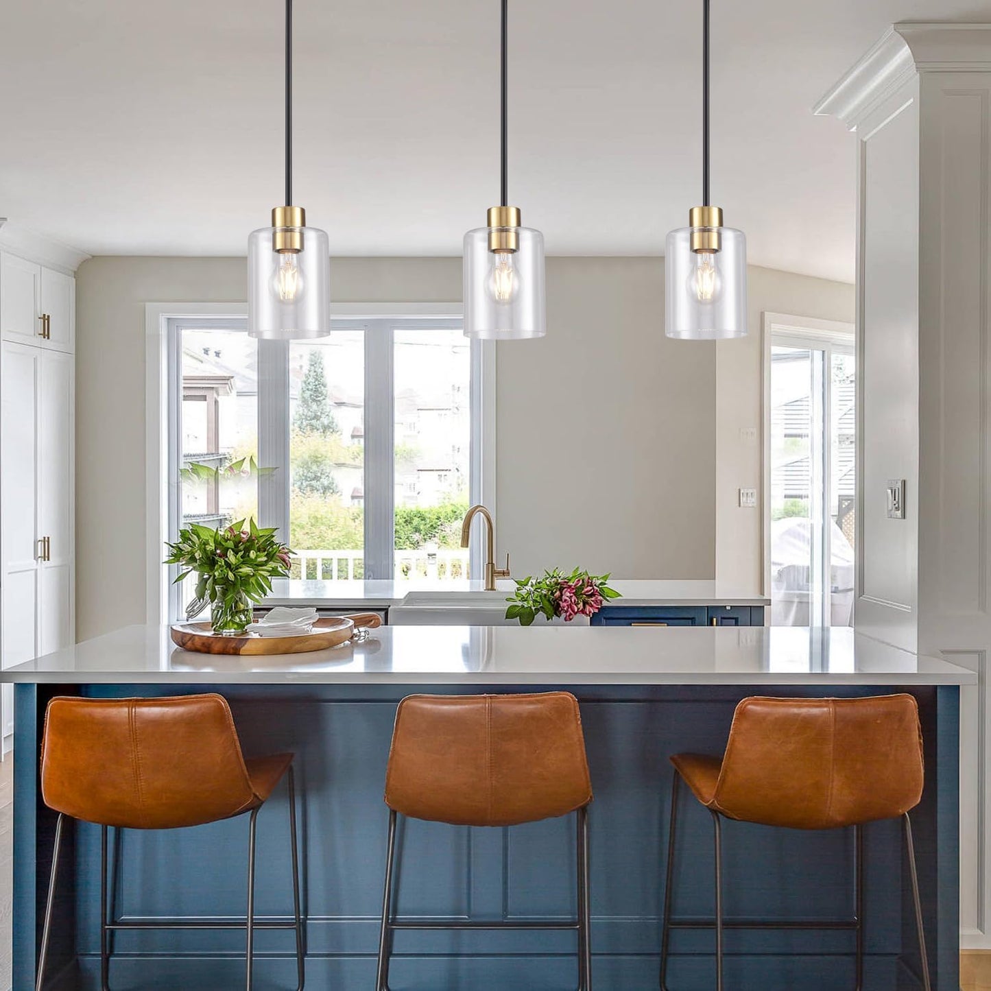 Black Brass Pendant Lights Kitchen Island - Clear Glass Pendant Light Fixture Multiple Stems Rods 3 Units 12 Inch 3 Units 4 Inch (1 Pack Black Brass Downrod)