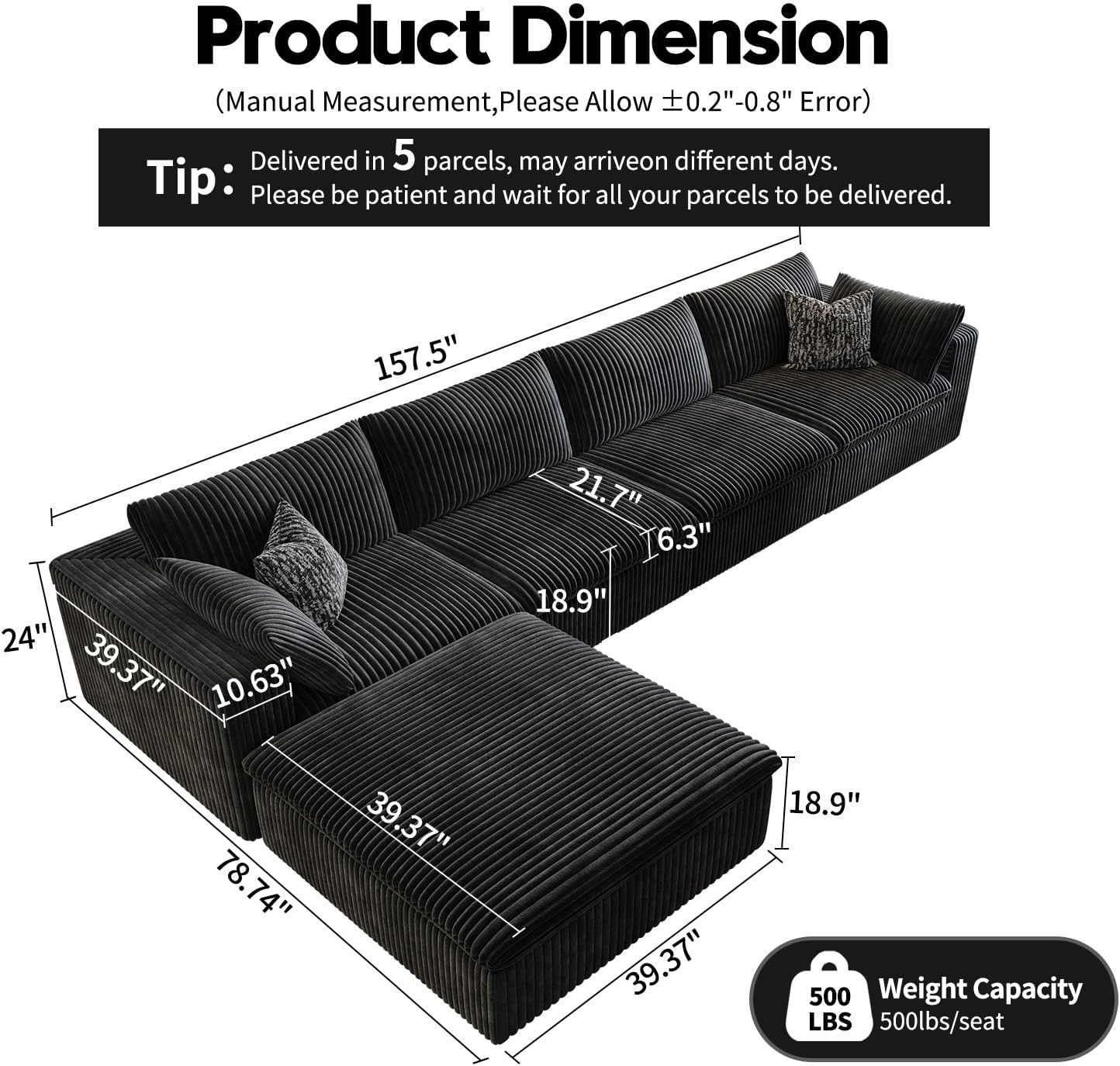 157.5" Cloud Couch Modular Sectional Sofa for Living Room,Modern Sofa with Deep Seat,L-Shape Boneless Couch with Ottoman,Comfy Upholstered Corduroy Couches for Apartment, Studio, Office,Bedroom,Black