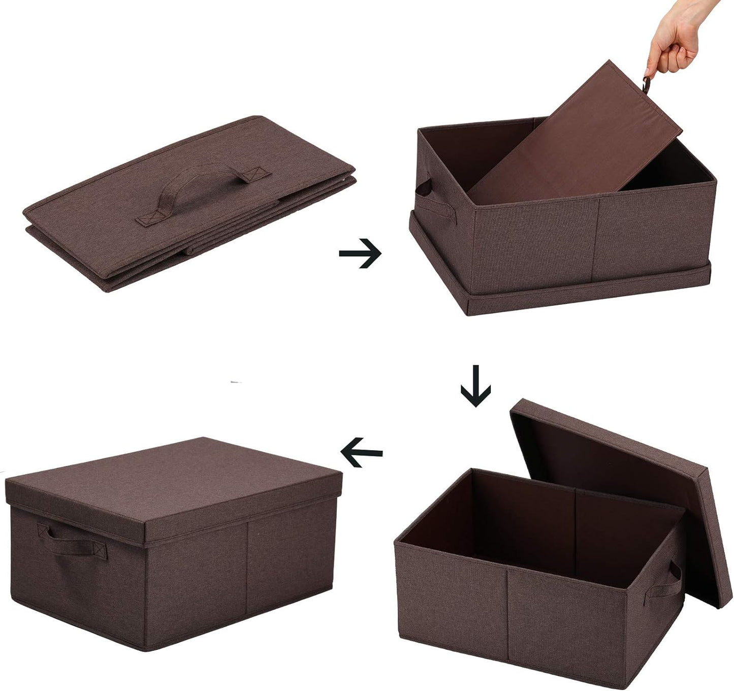HOONEX Linen Foldable Storage Bins with Lids, 2 Pack, Storage Boxes with Carrying Handles and Sturdy Heavy Cardboard, 16.5" L x 11.8" W x 7.5" H for Shoes, Clothes, Brown