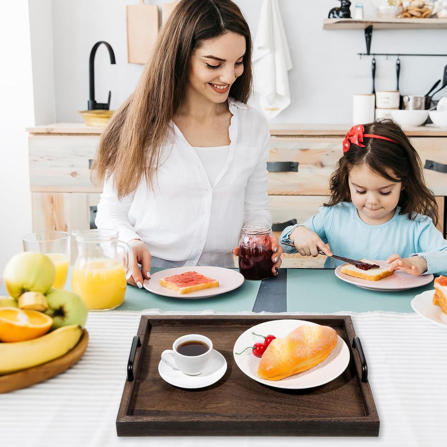 2 Pcs Rustic Wooden Serving Trays with Handle Decorative Nested Vintage Wood Serving Tray Stylish Farmhouse Decor Servings Platters for Eating, Breakfast(Large 15.8x11.8x1.2 in, Small 13.4x9.4x1.2 in)