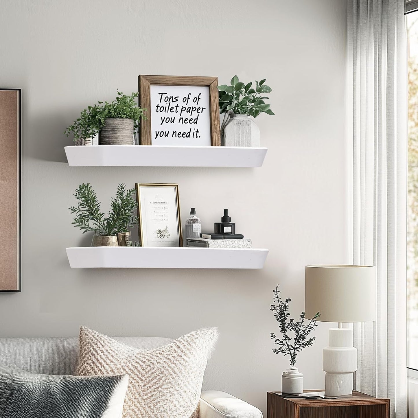 16"x6.8"x1.6" Slanted Floating Wall Shelves 2-Pack - Rustic White Finish, Heavy-Duty Solid Wood Design with Hidden Brackets - Perfect for Living Room, Kitchen, Bathroom, or Office