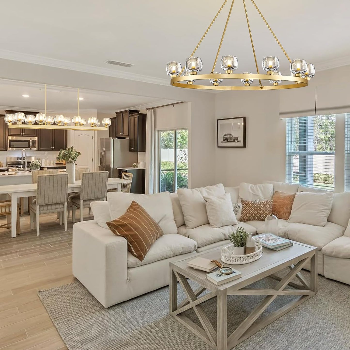 Gold Wagon Wheel Chandelier, 59 Inch Brass Chandeliers with Unique Glass Shade, 15-Light Crystal Large Wagon Wheel Chandeliers for Dining Room, High Ceiling Round Chandelier for Living Room, Foyer