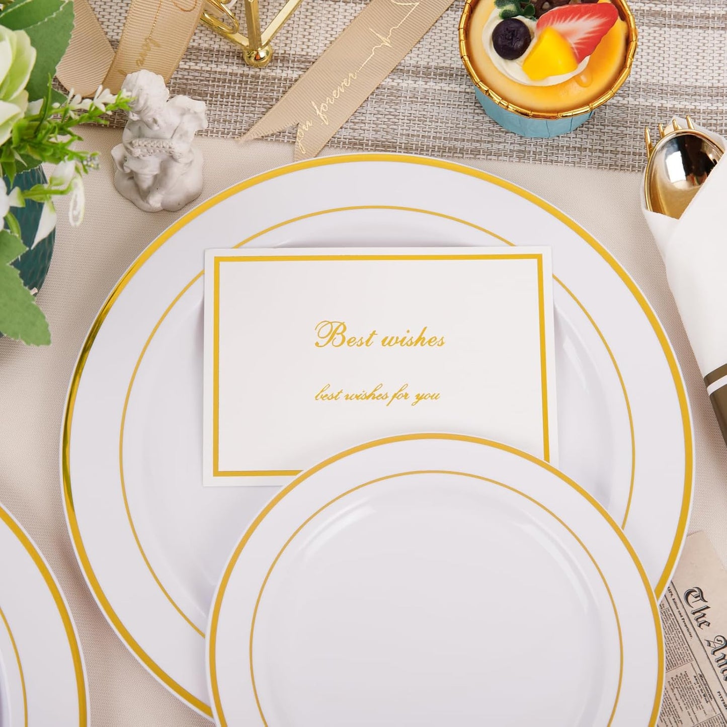 350Piece Gold Dinnerware Set for 50 Guests - Gold Plastic Plates with Disposable Cutlery Include:50Dinner Plates-50Dessert Plates-50Pre Rolled Napkins with Silverware for Thanksgiving