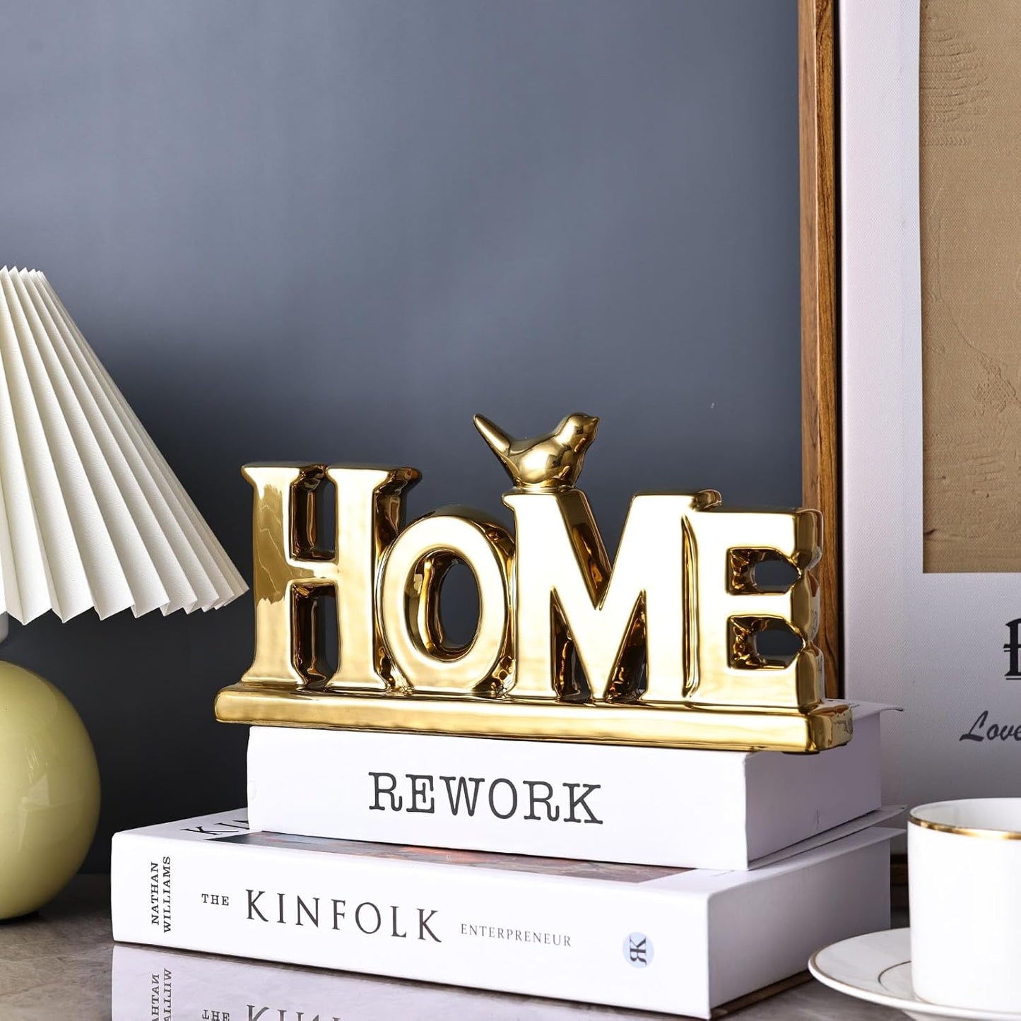 Gold Love Sign Statue - Personalized Home Decor, Bird Sculpture for Living Room, Bedroom, Desktop & Cabinets