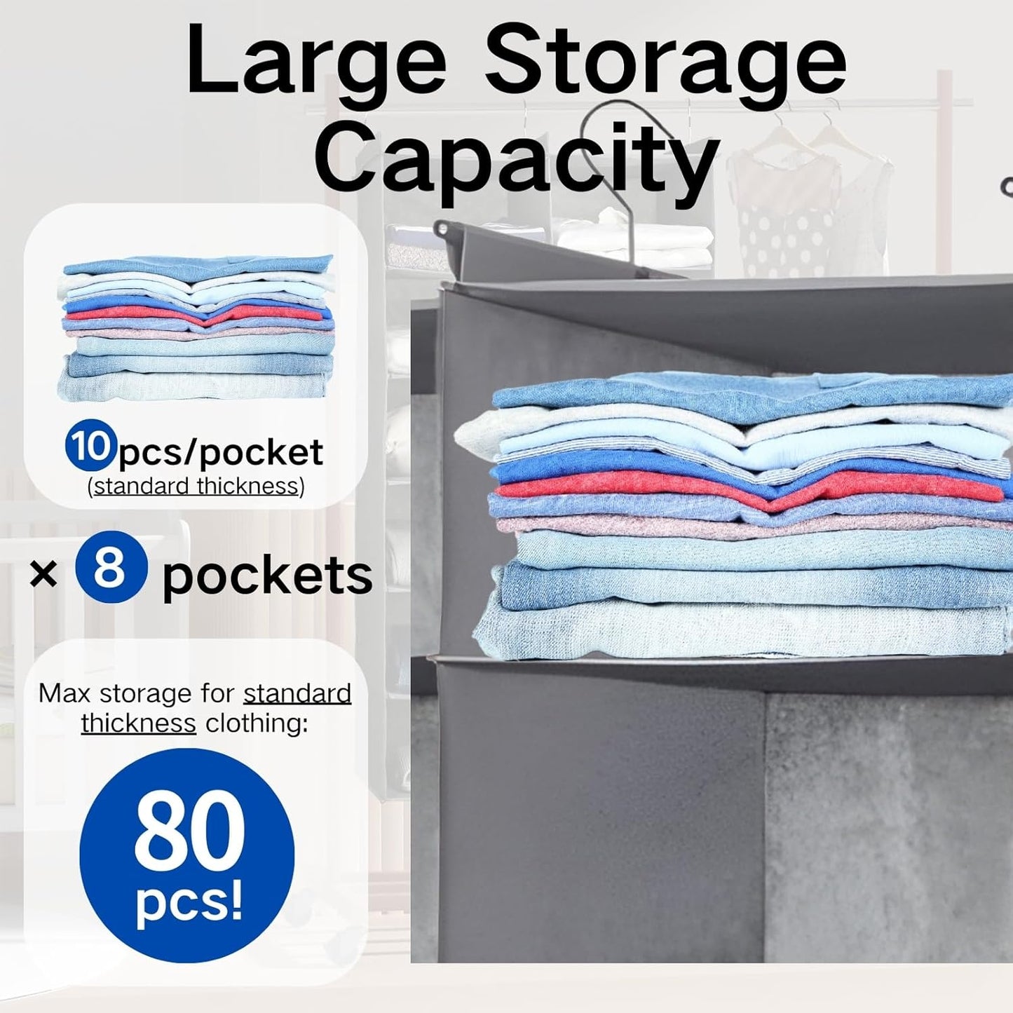 4 Tier Shelf Hanging Closet Organizer, Dual-Row 8 Pocket Cloth Hanging Shelf with 3 Sturdy Hooks for Storage, Foldable (Grey)