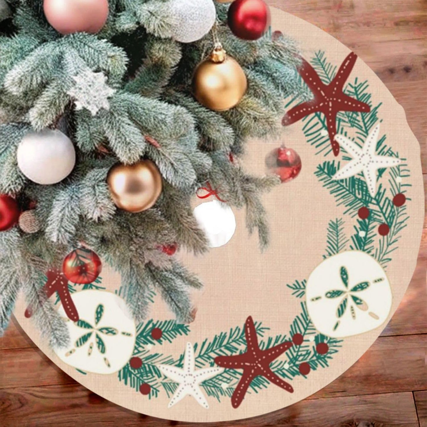 48" Large Christmas Tree Skirt, Coastal Rustic Beach Christmas Holiday Starfish Pattern Tree Mat Base Cover for Xmas Festive Holiday Party Decoration Ornaments