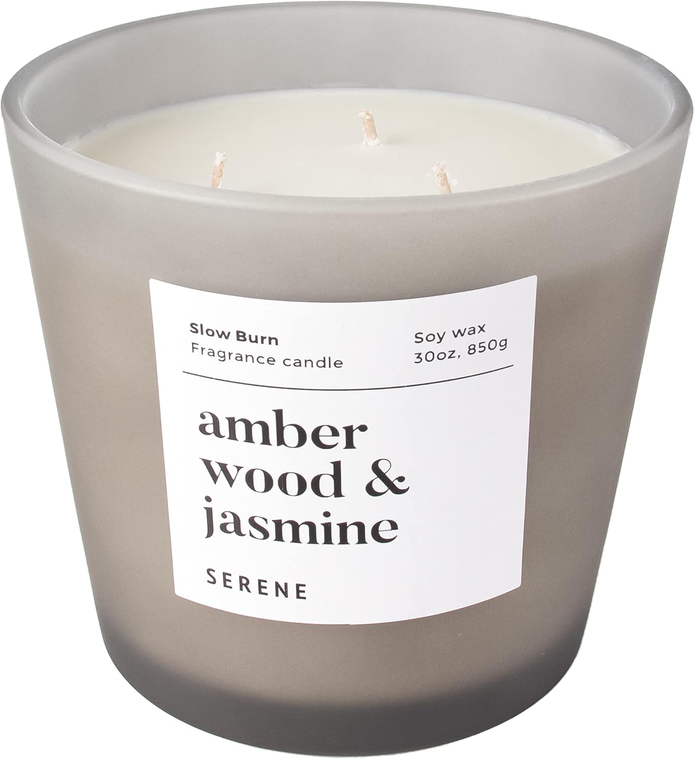 Hidden Label Large Scented Candle, Amber Wood & Jasmine, 30oz 3 Wick Huge Candle, Serene Collection Slow Burn Natural Soy Candles for Home Scented