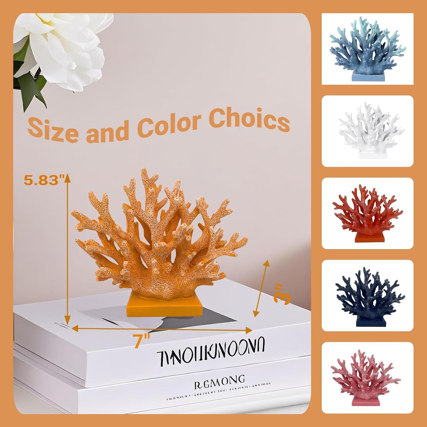 5.8" H Orange Coral Decor - Resin Coral Statue, Nautical Decor for Home, Bedroom, Bathroom, Living Room, Ocean Themed Cabinet Shelf Tabletop Decoration