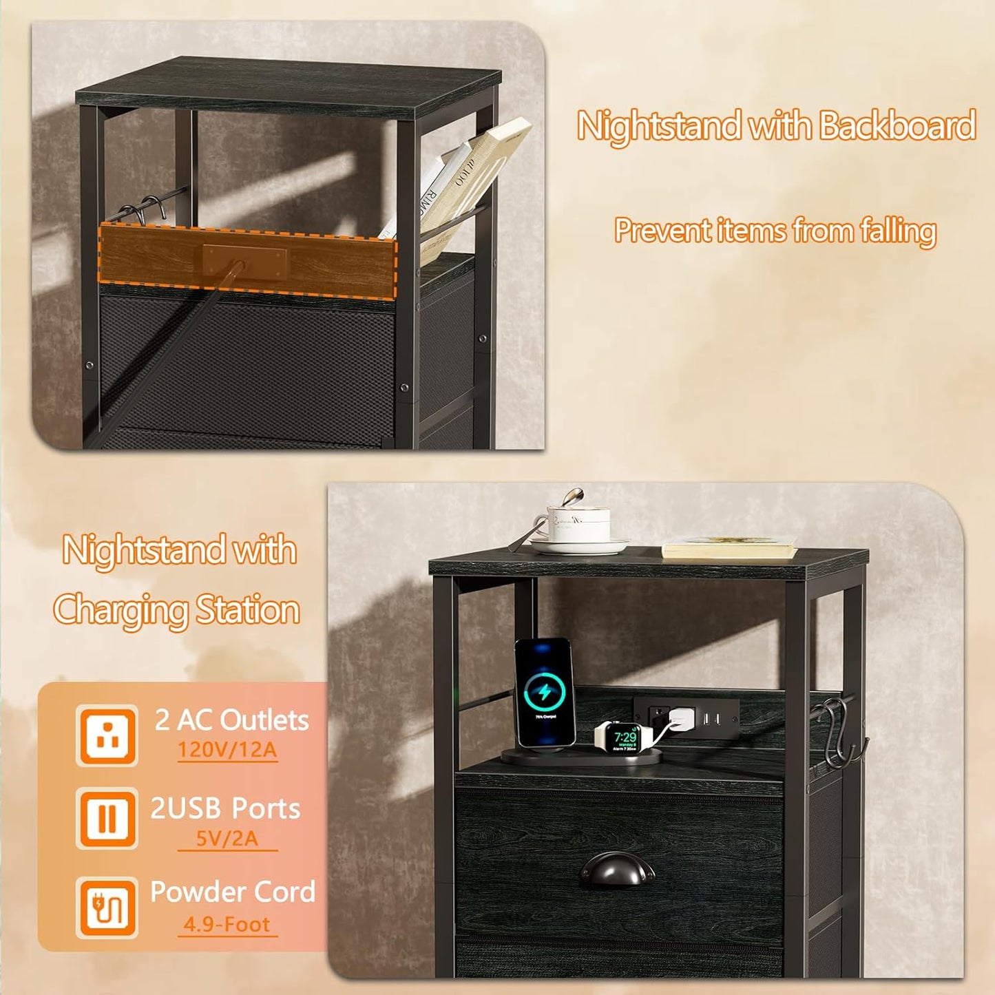 Furologee Nightstand Set of 2, Black Oak, with Charging Station and USB Ports, Side Tables with 2 Fabric Drawers, Bedside Tables with Storage Shelf & Hooks, for Living Room/Bedroom
