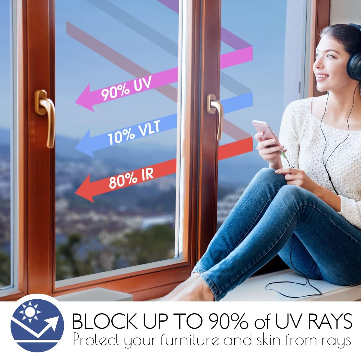 HIDBEA One Way Mirror Window Film Daytime Privacy, Heat Control Anti UV Reflective Window Tint for Home, Non-Adhesive Self Static Cling Window Stickers(Blue-Silver, 17.5 Inch x 6.5 Feet)