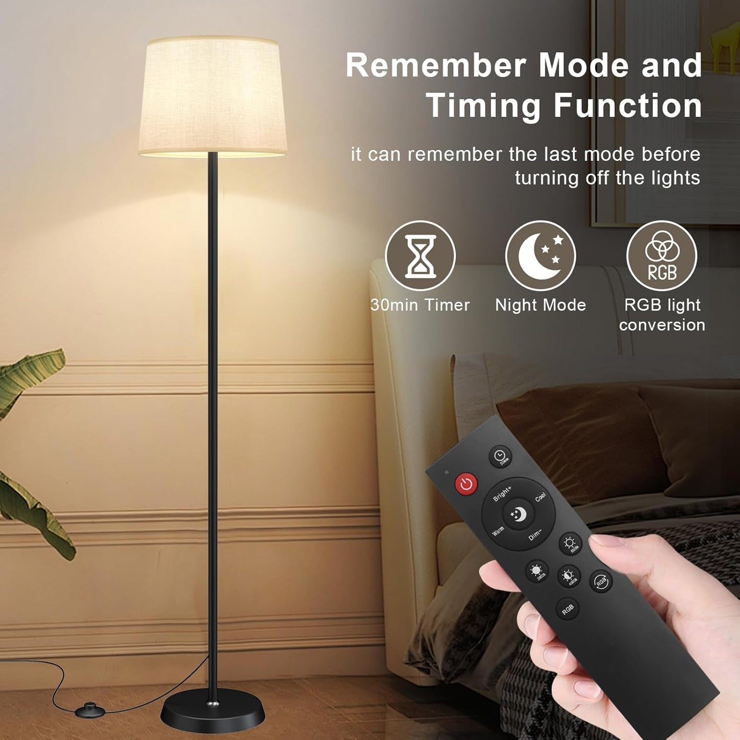 Floor Lamp for Living Room Bedroom,Modern Floor Lamp with Remote, Simple Design with Beige Shade,Foot Pedal Switch,Dimmable Colors Temperature,9W RGB LED Bulb