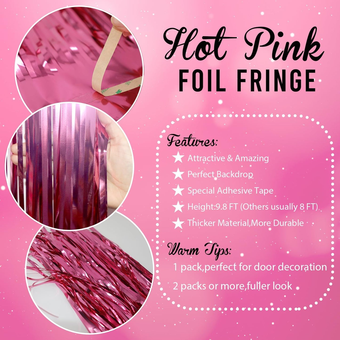 GOER 3.2 ft x 8.2 ft Metallic Tinsel Foil Fringe Curtains Party Photo Backdrop Party Streamers for Galentines Day,Birthday,Graduation,New Year Eve Decorations Wedding Decor (3 Pcs, Hot Pink)