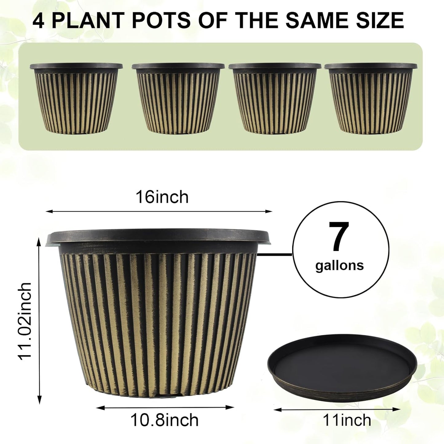 16 inch Large Planter Indoor Outdoor Plant Pots, 4 Pack Plastic Flower Pots with Saucer And Drainage Holes, Modern Garden Planters For Planting Medium Large Plants, Decorative Resin Garden Pots