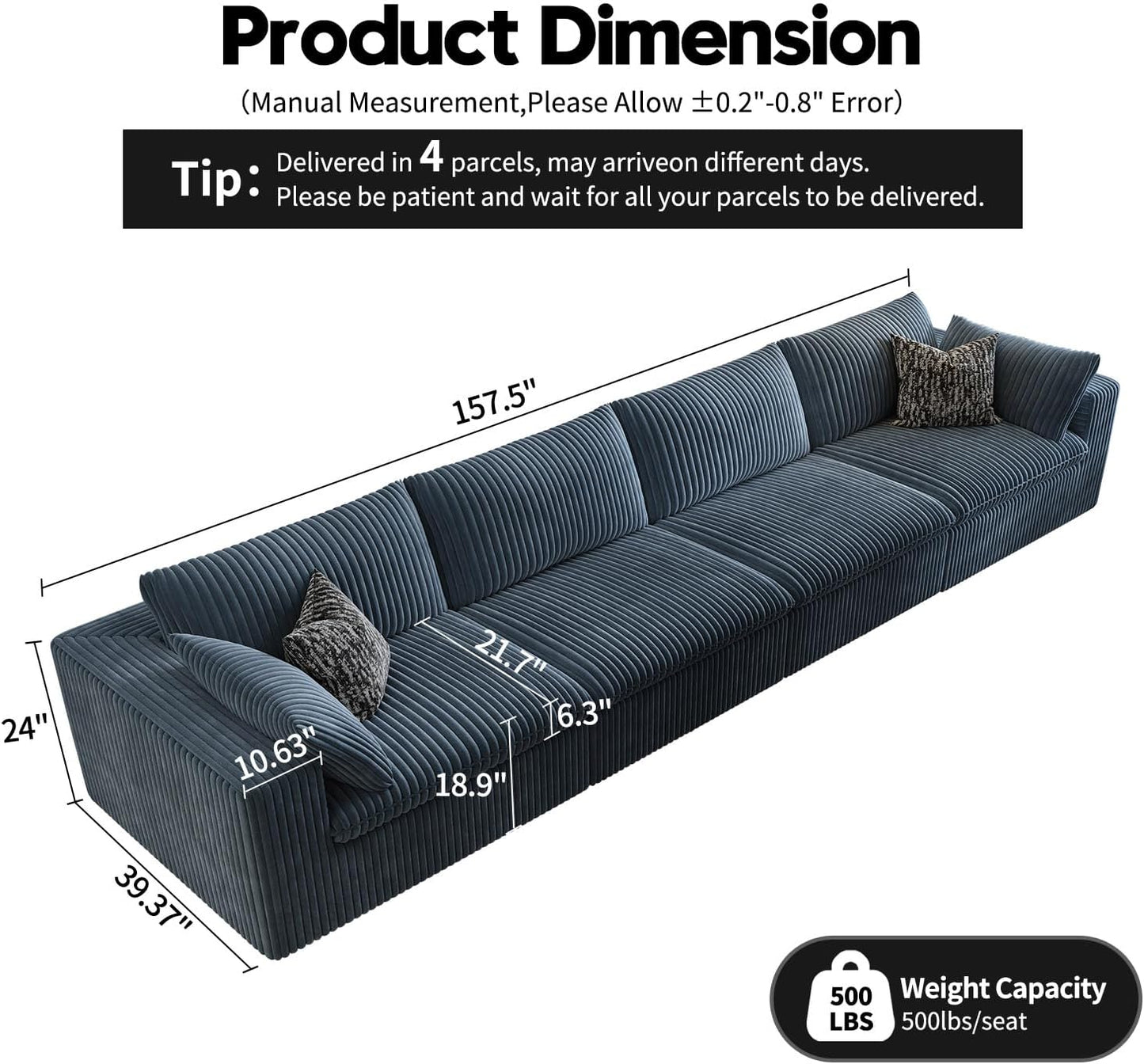 157.5" Cloud Couch Modular Sectional Sofa for Living Room,Modern Sofa with Deep Seat,4 Seater Boneless Couch,Comfy Upholstered Corduroy Couches for Apartment, Studio, Office,Bedroom,Blue