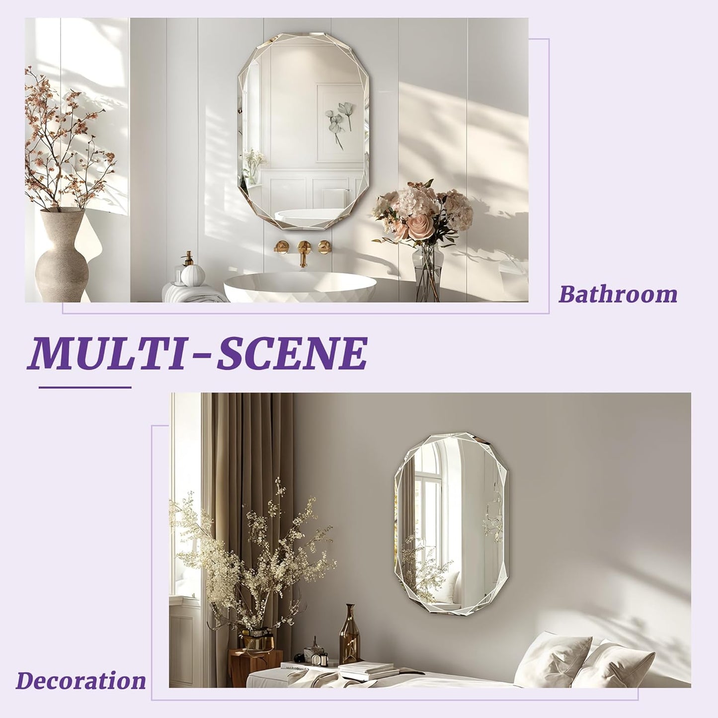 Bathroom Mirror for Wall, 24" x 48" Oval Mirror, Bathroom Vanity Mirror, Beveled Edge Frameless Wall Mount Vanity Mirrors, Wall Mirrors Decorative, Irregular Beveled Edge Mirror