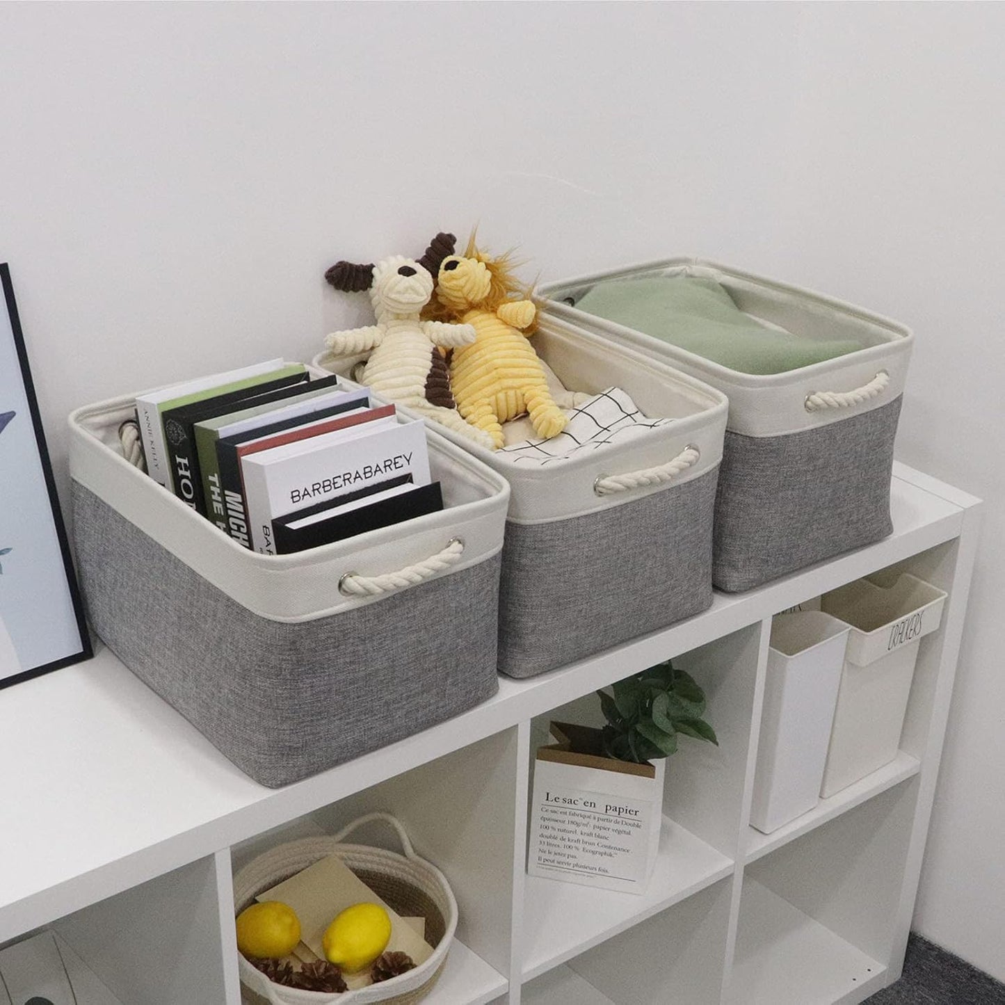 Bidtakay Baskets Set of 3 Storage Baskets for Organizing Large Fabric Storage Bins for Shelves Decorative Canvas Bins Collapsible Empty Baskets for Closet,Nursery,Clothes,Toys,Shoes(White&Grey)